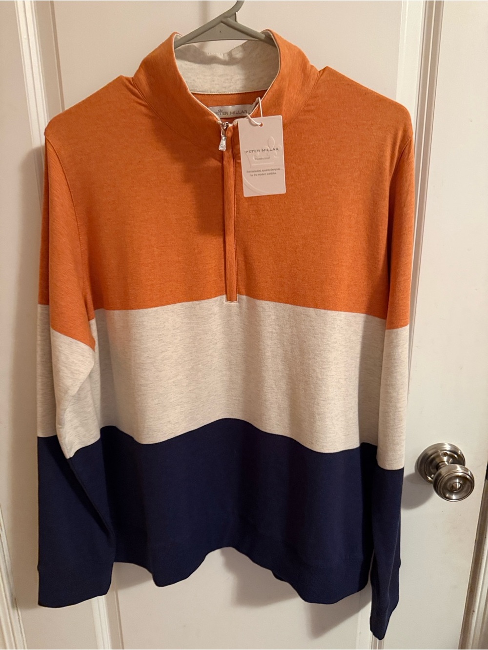 Peter Millar Colorblock Quarter-Zip Sweater - Orange/White/Navy, Women’s Size XL
